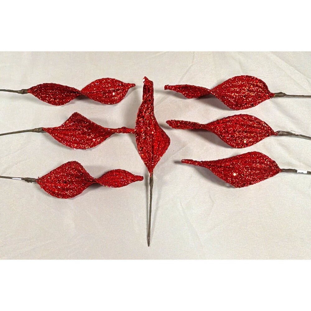 9 Red Glitter Leaf Christmas Tree Picks / Ornaments